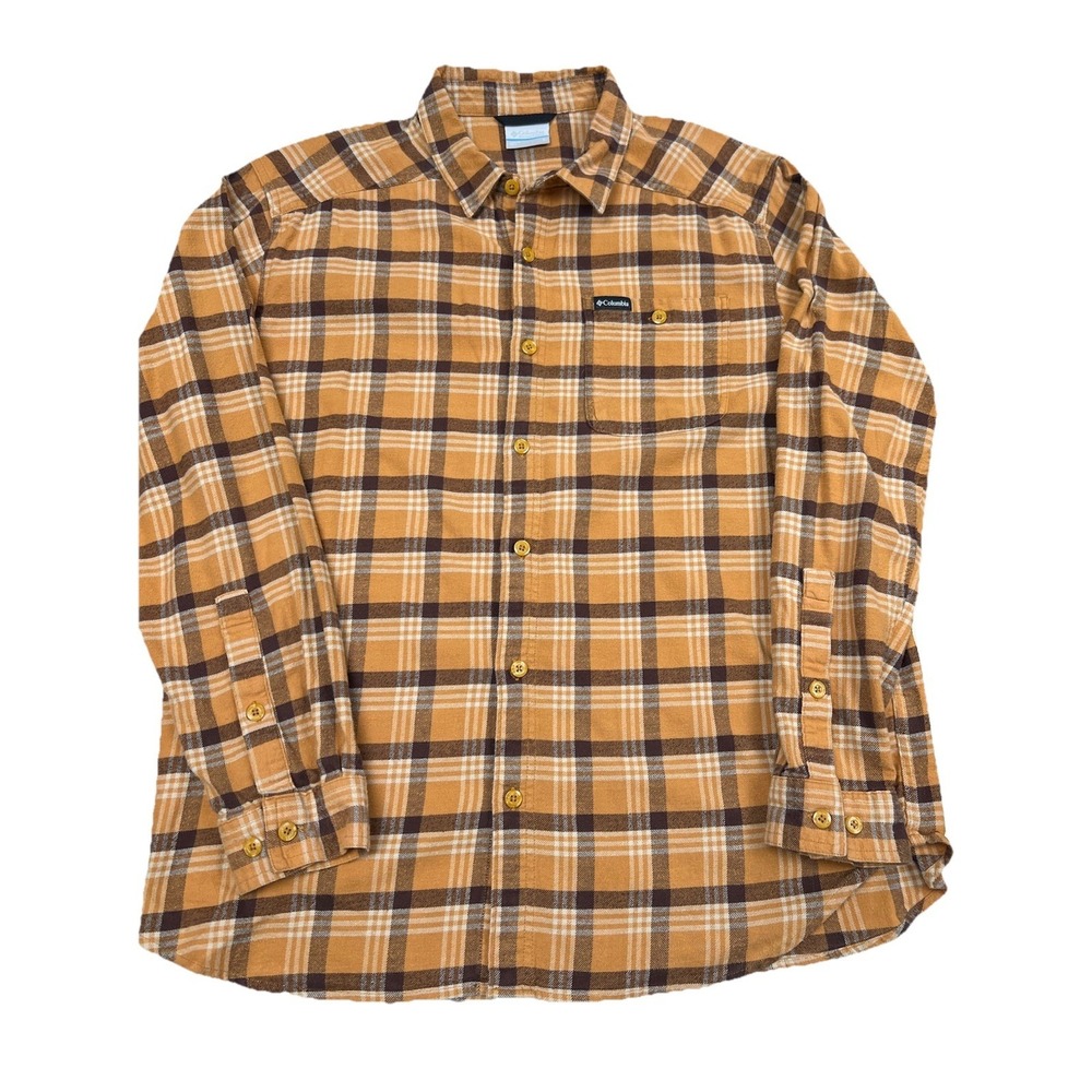 Columbia Shirt Mens L Orange Black Plaid Long Sleeve Button Front Flannel